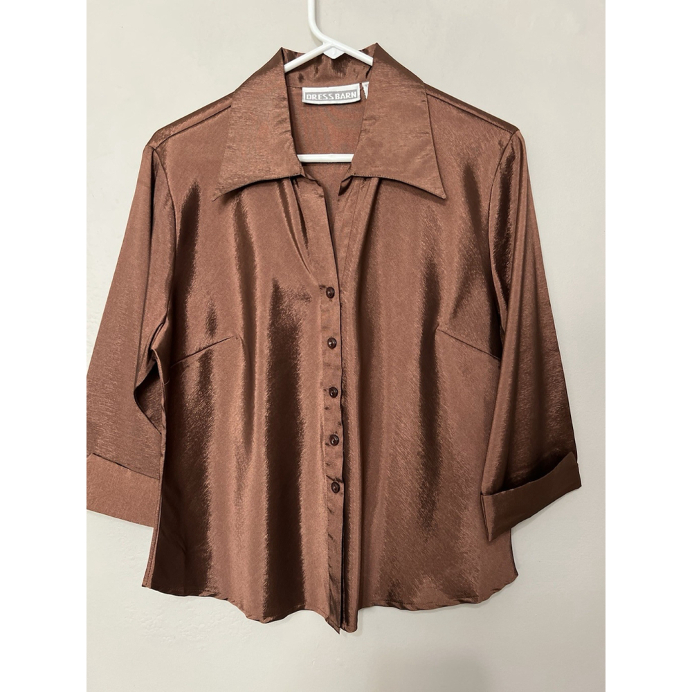 Vintage Career Workwear Fall Metallic Chocolate Brown Button Up Blouse M